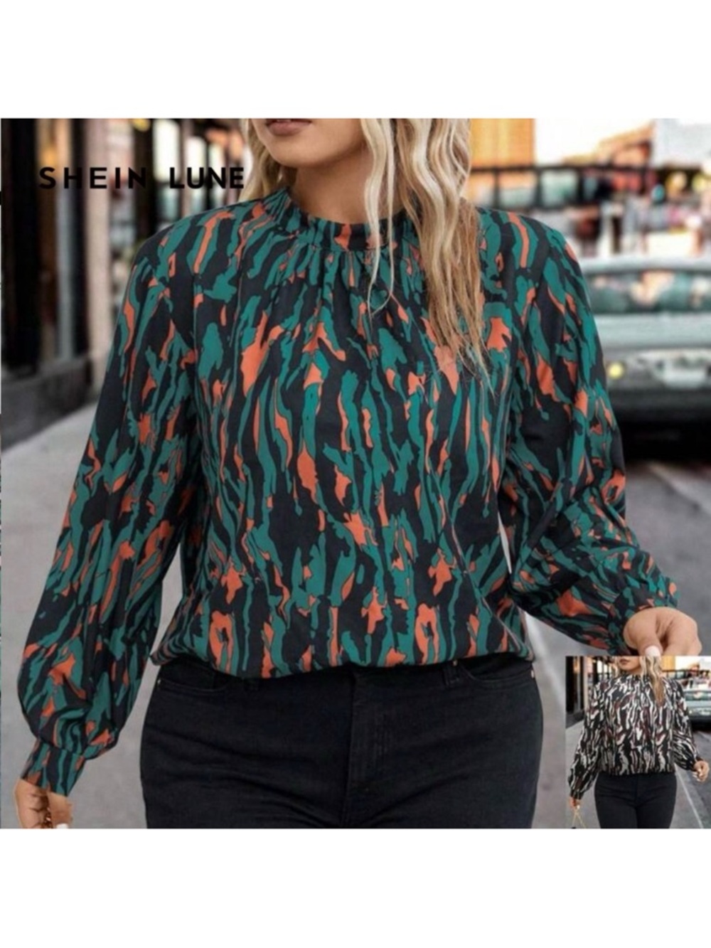 Green & Orange Patterned Long-Sleeve Blouse